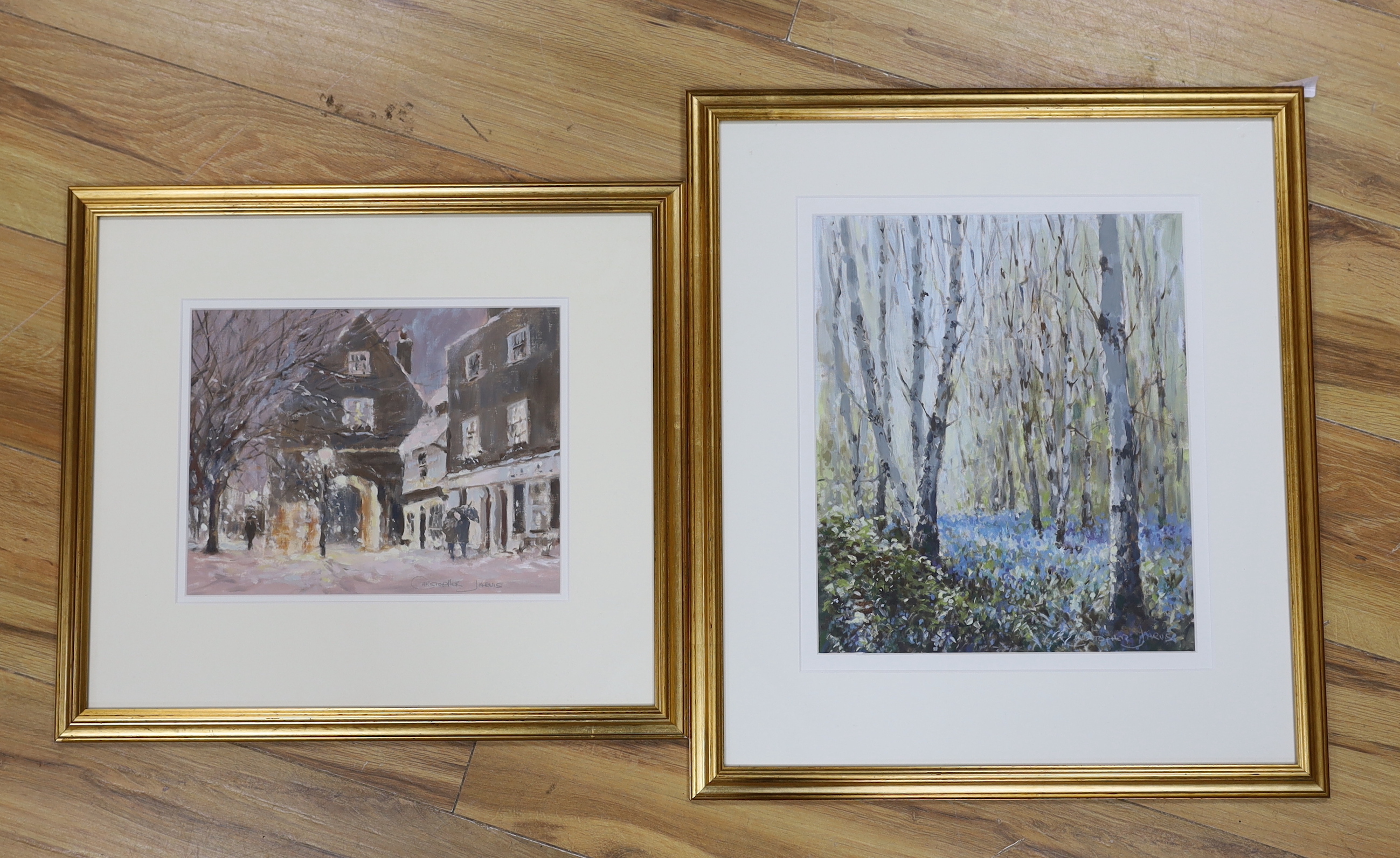 Christopher Jarvis (20th.C), two oils, Woodland landscape and Winter street scene, each signed, largest 33 x 28cm